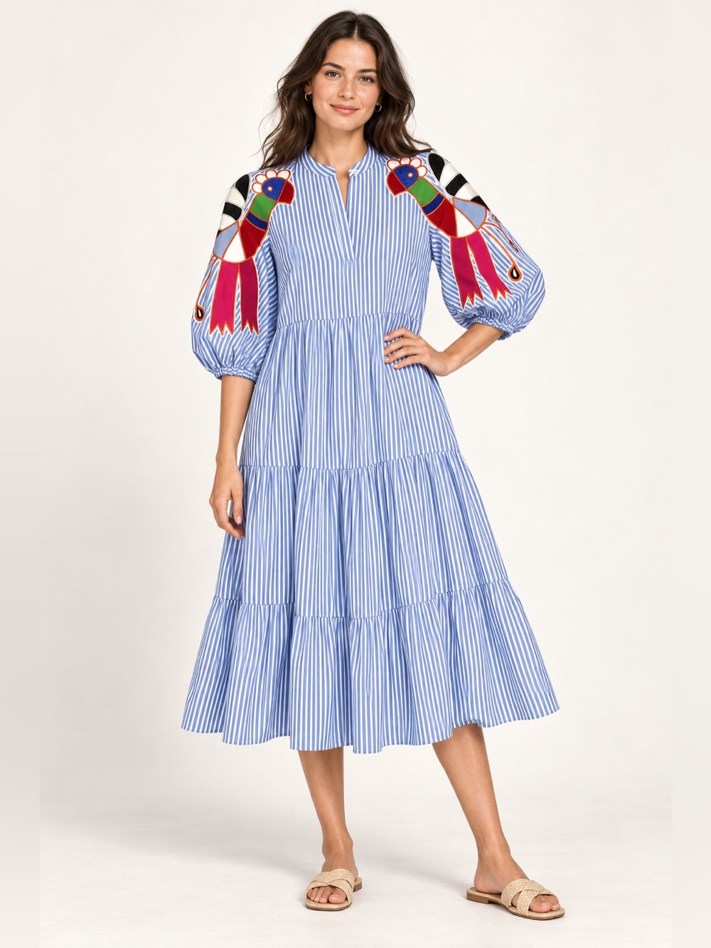 Stella Jean Parrot Midi Dress Women’s Size 8 44 Stripe Puff Sleeve Tiered B26